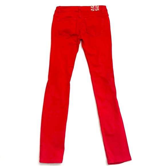 Machine Distressed Red Low Rise Jeans Denim - Picture 2 of 7